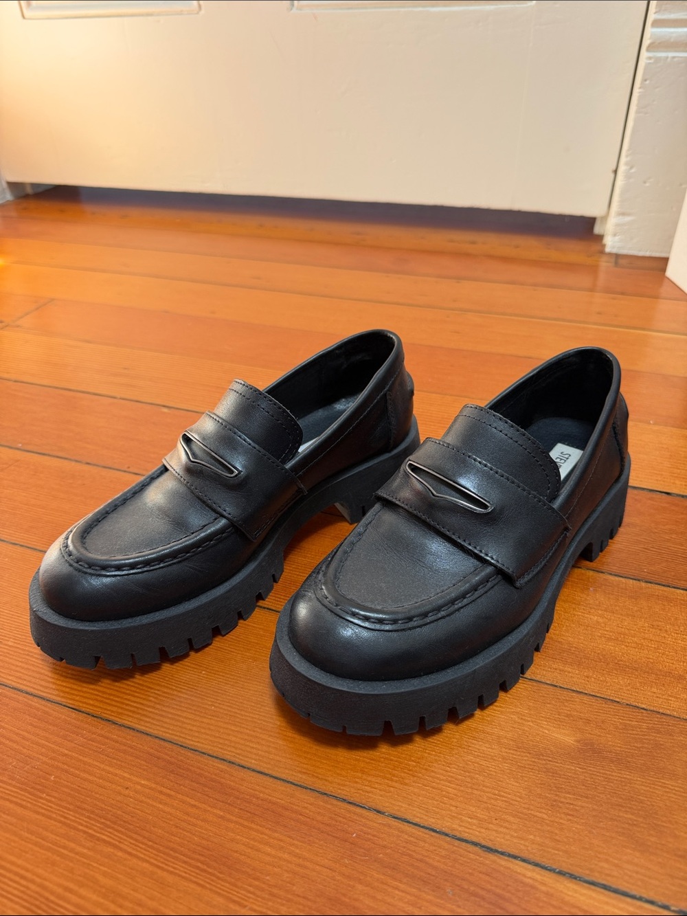 Steve Madden Black Lug-Sole Leather Penny Loafers